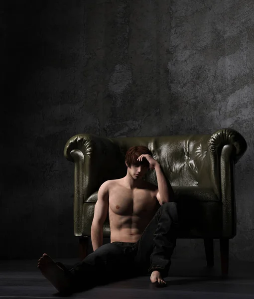 Sexy Shirtless Man Sit Leaning Vintage Chair Rendering Figure — Stock Photo, Image