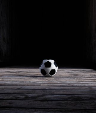 Tahta zeminde futbol topu, 3 boyutlu yorumlama.