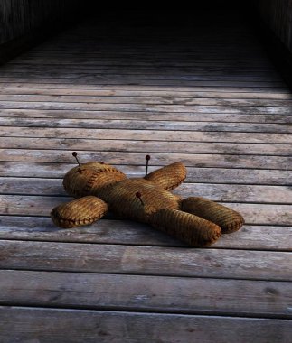 Voodoo doll on wooden floor,3d rendering clipart