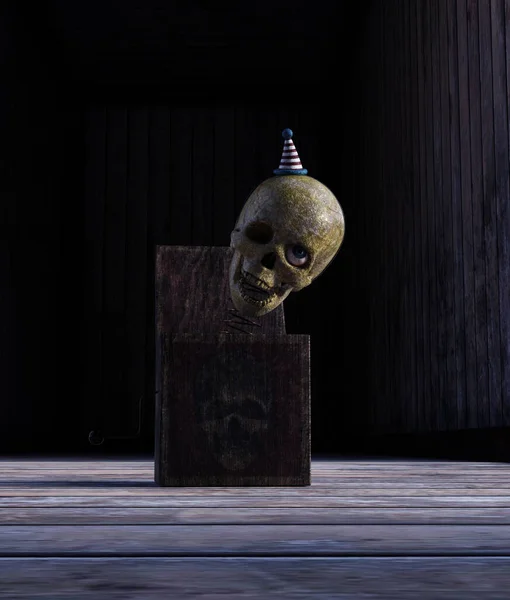 木地板上箱子颅骨里的怪胎杰克 3D渲染 — 图库照片