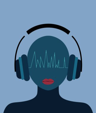 Müzikteki kadın, kulaklıklı kadın, düz çizim.