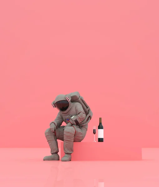 Astronauta Garrafa Vinho Fundo Conceitual Estilo Mínimo Renderização — Fotografia de Stock