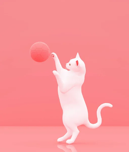 Cat Hrát Fotbalovým Míčem Pastelové Barevné Pozadí Minimální Styl Konceptuální — Stock fotografie