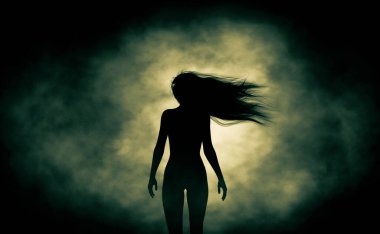 Rear view of silhouette ghost woman walking in the dark,3d rendering clipart