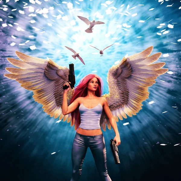 死んだ天使 天使の翼と銃を持つ少女 3Dレンダリング — ストック写真