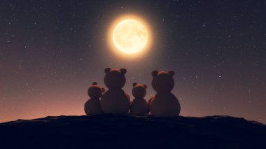 Mutlu aile ayıcığı ay ışığı altında birlikte oturuyor, üç boyutlu resim.