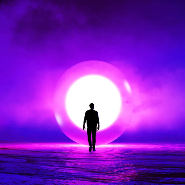 Hombre Caminando Hacia Círculo Luz Representación — Foto de Stock