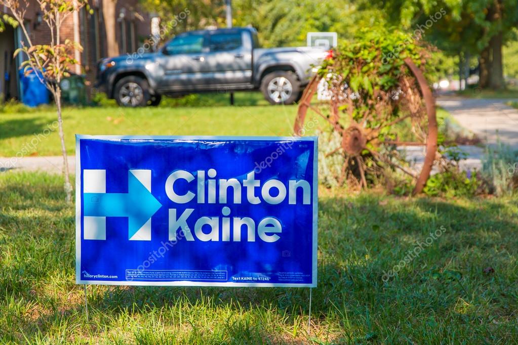 Lexington, KY, USA - October 6, 2016: Clinton Kaine yard sign at residential street for Presidential candidate Hillary Clinton 2016.