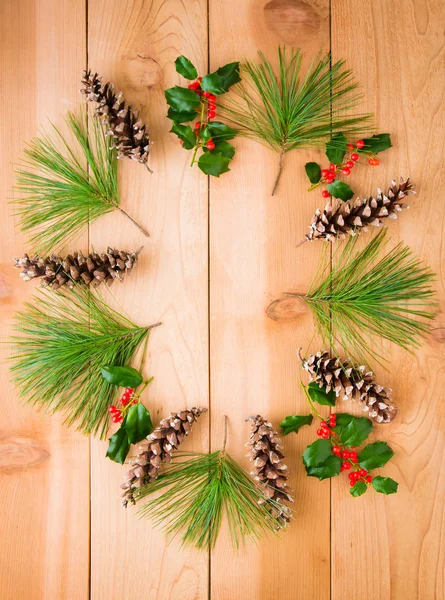Coni di pino e rami con bacca di agrifoglio in cornice cerchio su due — Foto Stock