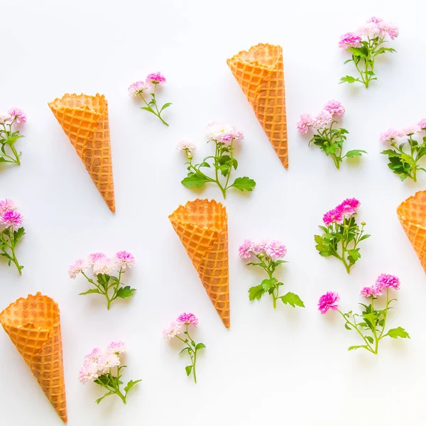 Dondurma waffle koniler ve kasımpatı çiçekleri beyaz w — Stok fotoğraf