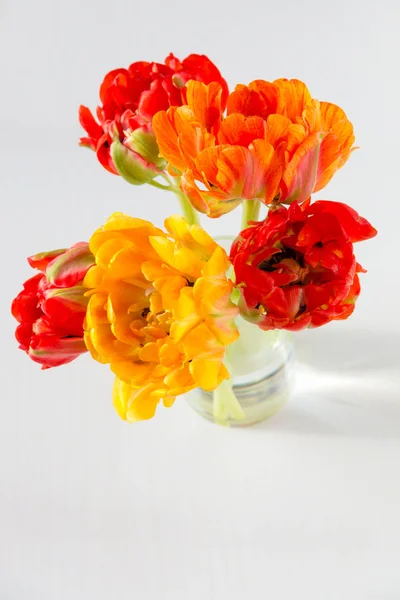 色彩艳丽的红色和黄色郁金香花束在桌上花瓶 — 图库照片