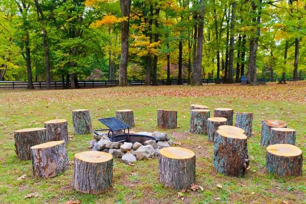 Recreation area in park with fire pit. — Stock Photo, Image