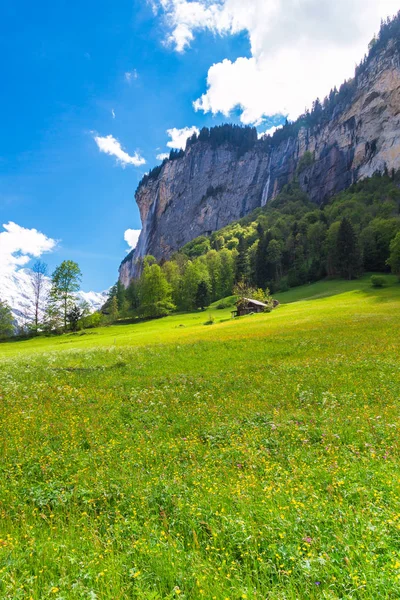 Chalets sur le versant verdoyant des montagnes. Alpes suisses. Lauterbrunnen, échange — Photo