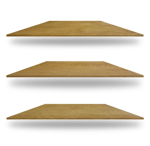 Conjunto de estantes de madera vacíos aislados sobre fondo blanco —  Fotos de Stock