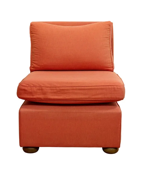 Vista frontal de muebles de sofá de tela naranja con almohada aislada —  Fotos de Stock