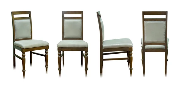 Набір дерев'яного стільця з тканинним сидінням ізольовано на білому — стокове фото