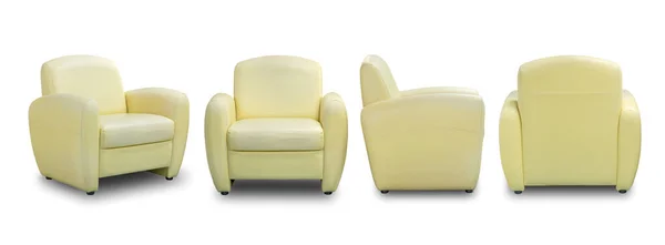 一套白色背景的黄色皮革沙发家具 — 图库照片