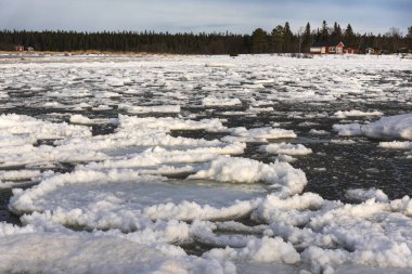 Kışın deniz manzarası, deniz ve sahil donmuş.