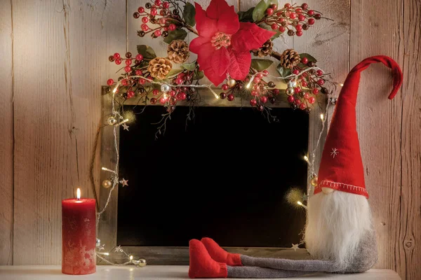 ライトとノーム付きクリスマステキストの背景 — ストック写真
