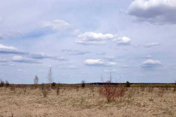 Rural landscape in spring, clouds floating in the blue sky