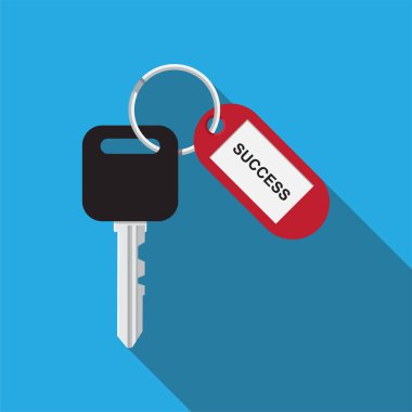Key success concept,key with success text in red tag,vector flat design.