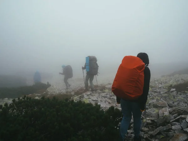 Turistler seyahat etmek sırt çantaları kayaları süt kalın sis içinde yürüyüş ile.