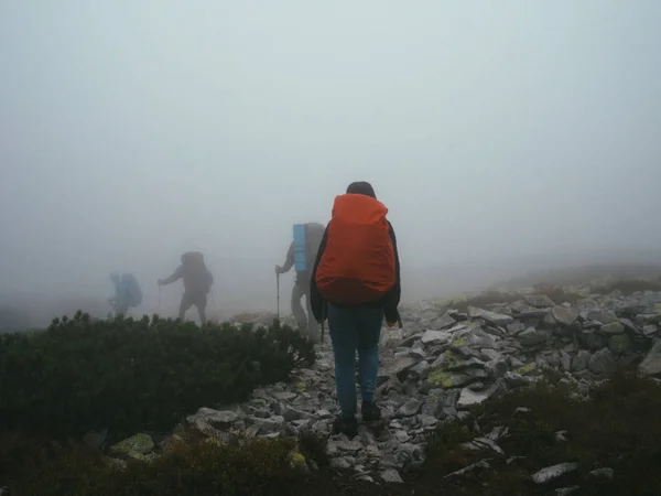 Turistler seyahat etmek sırt çantaları kayaları süt kalın sis içinde yürüyüş ile.
