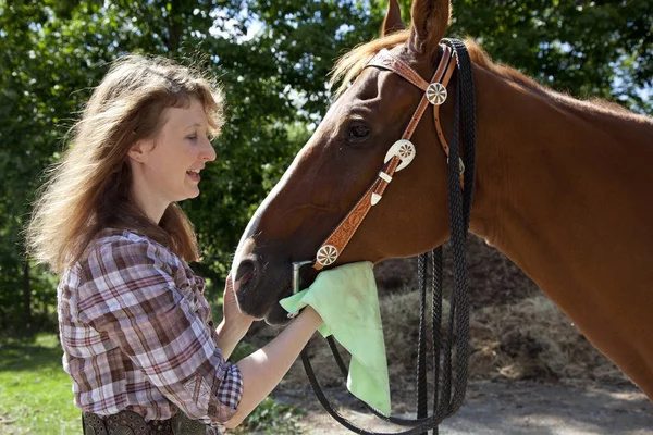 Frau putzt und pflegt Pferd — Stockfoto