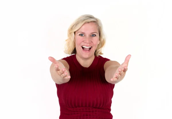Cute blonde woman in a welcome pose Stock Photo