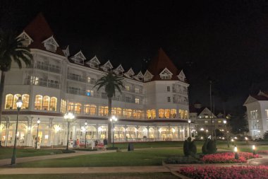 February 25, 2020- Orlando, Florida: The beautiful landmark Grand Floridian hotel lit up at nighttime 