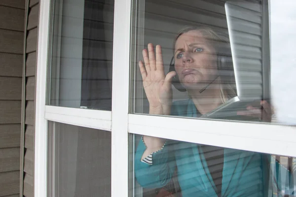 Woman Working Laptop Headset Looking Longingly — Stock Photo, Image