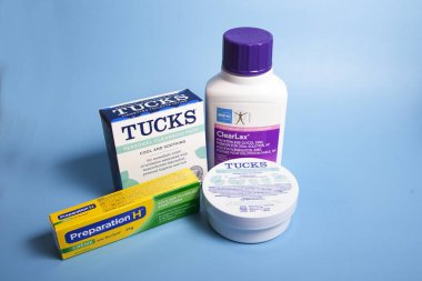 April 11, 2020: Halifax, Canada - a variety of products like Tucks and Preparation H to help with hemorrhoids and anal fissures clipart