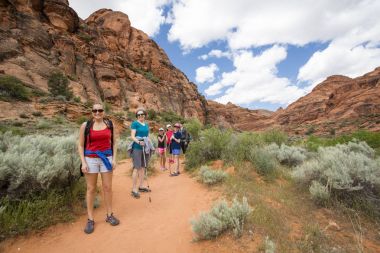 Birlikte hiking bir güzel çöl cliff hiking trail gün zevk yürüyüşçü grup gülümseyen 