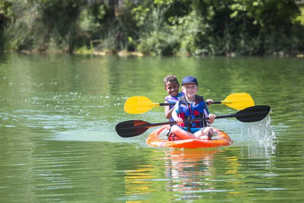 Two Boys Drifting Kayak Lake — Stock Photo, Image