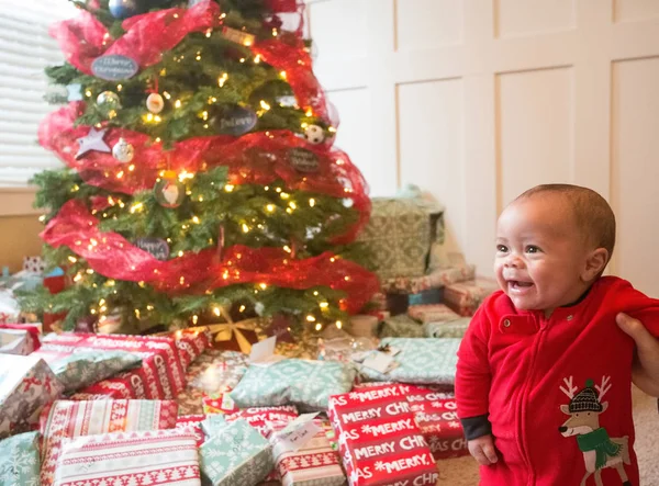 Cute Diverse Little Boy Smiling Christmas Morning Front Christmas Tree — Stock Photo, Image