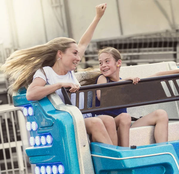 Laughing Woman Girl Enjoying Summer Fun Carnival Ride Together — Stock Photo, Image