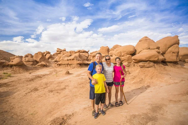 Happy Family Hiking Together Beautiful Rock Formations Arches National Park — Stock Photo, Image