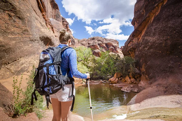 Vista Panorámica Una Mujer Caminando Hasta Una Cascada Cañón Roca —  Fotos de Stock