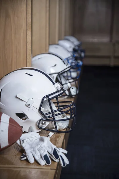 Close View Row American Football Helmets Sitting Locker Room Football — Stock Photo, Image