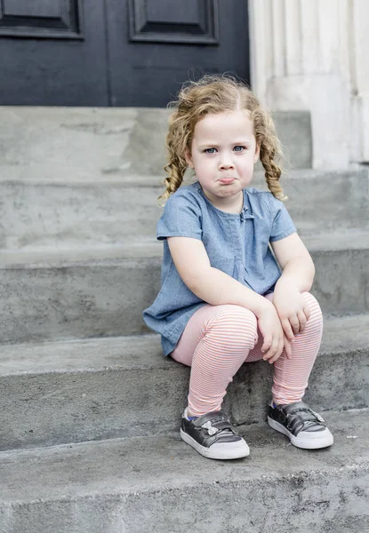 Emotional Portrait Sad Unhappy Little Girl Blond Curly Hair Sitting — Stock Photo, Image