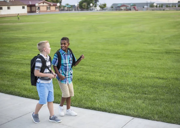 两个不同的学生放学后一起走回家 一起聊天 回到学校的照片中 不同的学生背着背包在学校院子里 — 图库照片