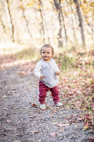 Outdoor Portret Pięknego Uśmiechniętego Mieszanego Wyścigu Mały Chłopiec Spacerujący Szlaku — Zdjęcie stockowe