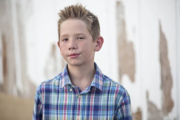 Portrait Serious Elementary School Student Standing Looking While Trying Cool — Stock Photo, Image