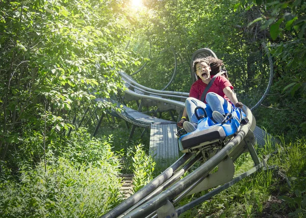 Screaming Teen Girl Riding Downhill Outdoor Roller Coaster Warm Summer — Stock Photo, Image