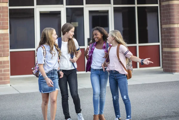 Candid Photo Group Teenage Girls Socializing Laughing Talking Together School — Stock Photo, Image