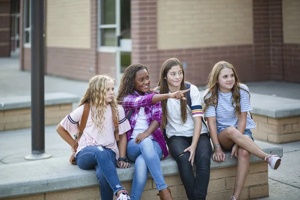 Foto Candida Gruppo Ragazze Adolescenti Che Socializzano Ridono Parlano Insieme — Foto Stock