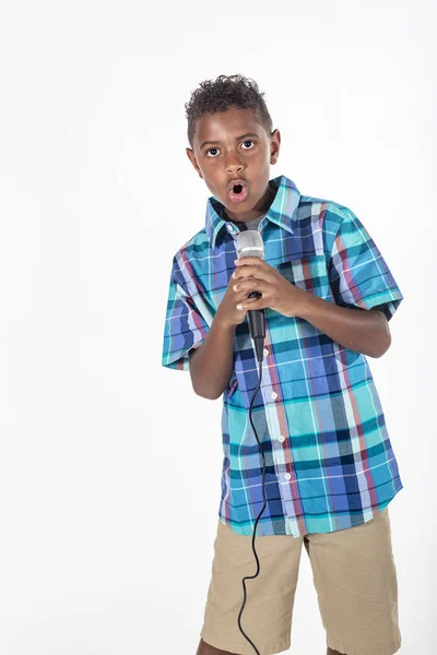 Talented Young Diverse Singer Singing Microphone — Stok Foto
