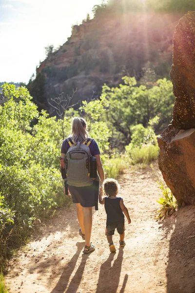 夏の日には風光明媚な山道に沿って一緒に母親と子供のハイキング アウトドアで自然を楽しみ 活躍する人々のライフスタイル写真 — ストック写真