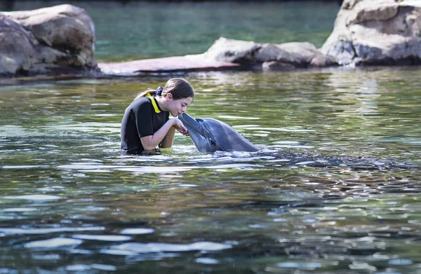 Cute Nastolatek Dziewczyna Całuje Delfina Butelki Nos Pięknej Lagunie Oceanu — Zdjęcie stockowe