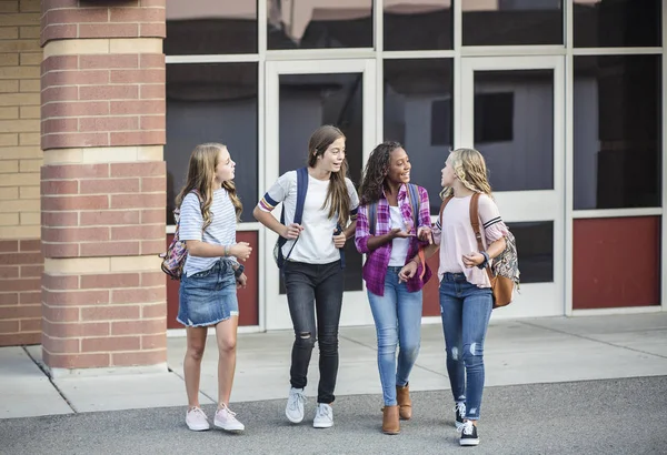 Grupo Jovens Amigas Estudantes Conversando Juntos Enquanto Saem Escola Para — Fotografia de Stock